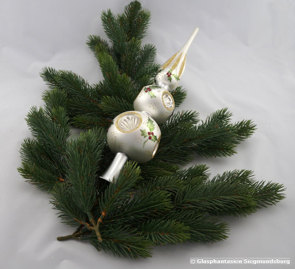 Christbaumspitze Doppelkugel Champagner matt Länge 35 cm Kugel-Durchmesser ca. 7 und 8 cm