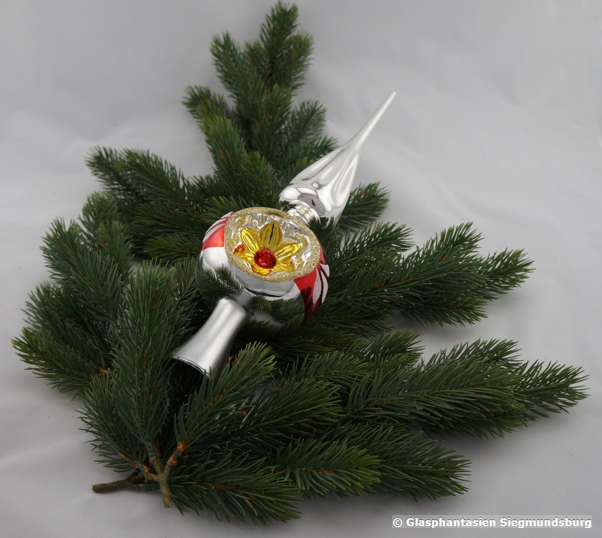 Christbaumspitze Blütenreflex Silber-Rot-Gold Länge 30 cm Kugel-Durchmesser ca. 9 cm