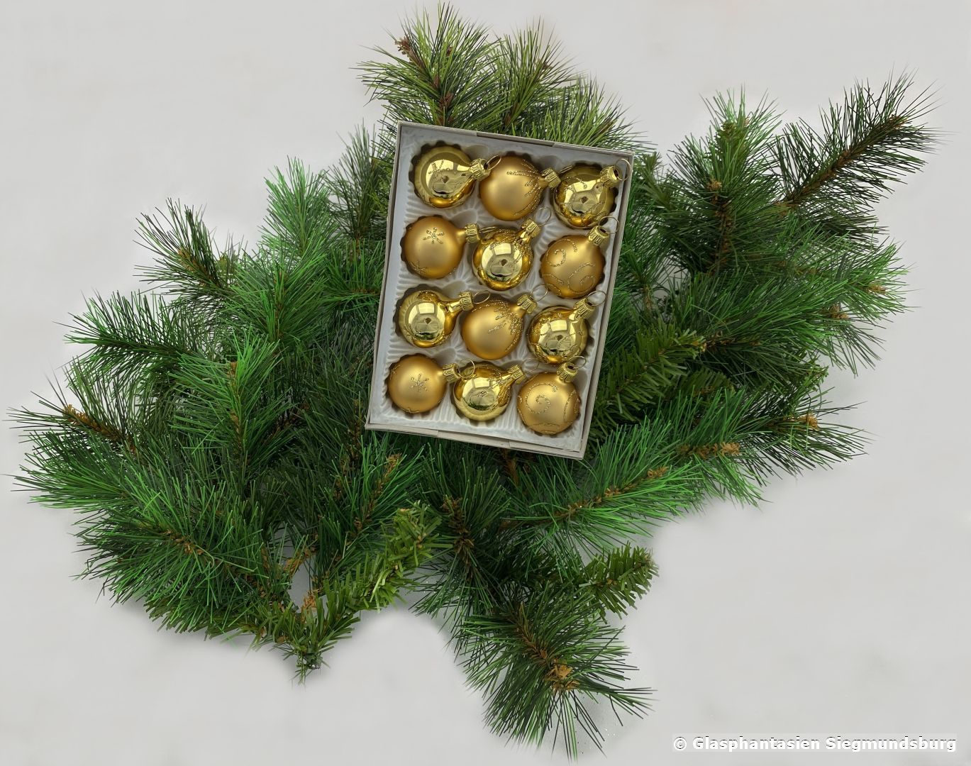 Mini-Kugeln 12er Set, 3cm, Gelbgold-Glanz, Gelbgold-Matt mit Golddekor