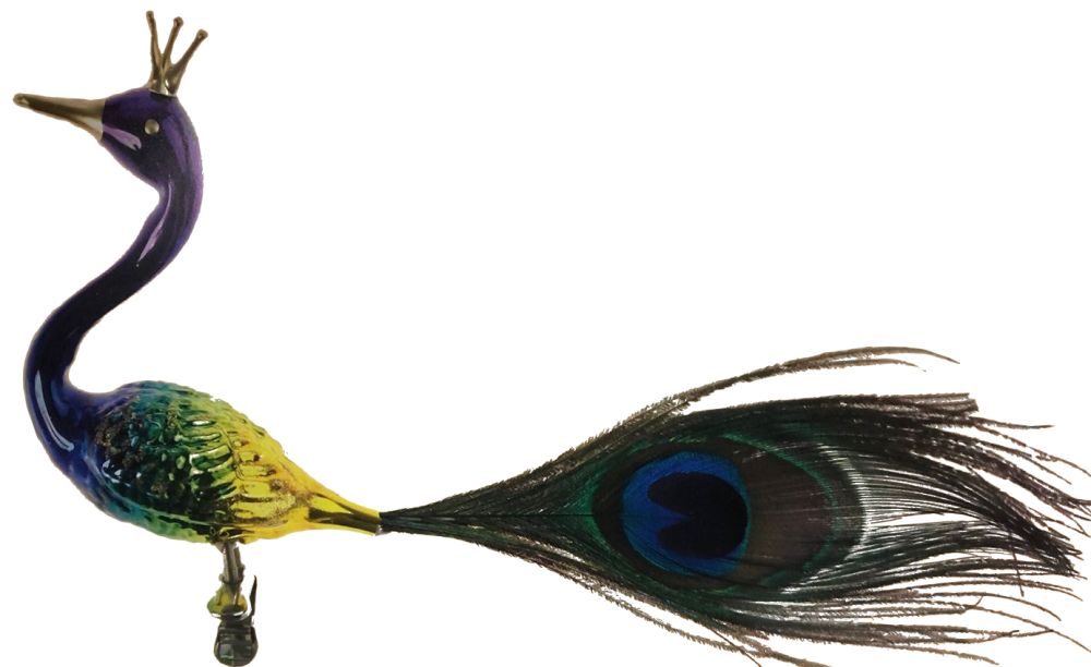 Pfau Lila Gelb mit Krone bemalter Christbaum-Schmuck aus Glas