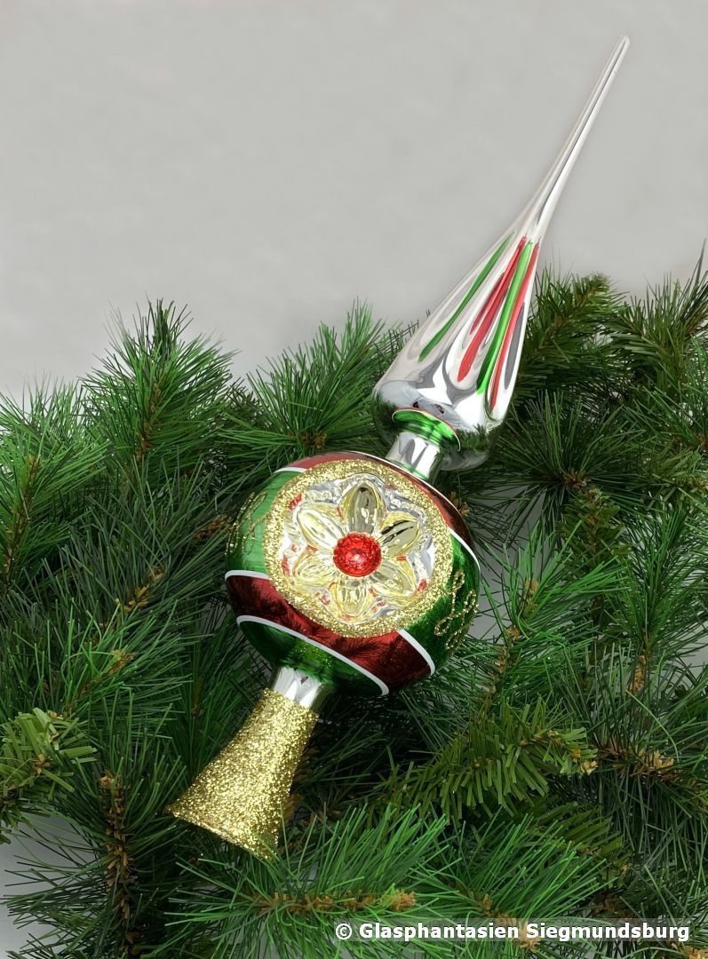 Christbaumspitze Blütenreflex Grün-Rot-Gold Länge 30 cm Kugel-Durchmesser ca. 9 cm