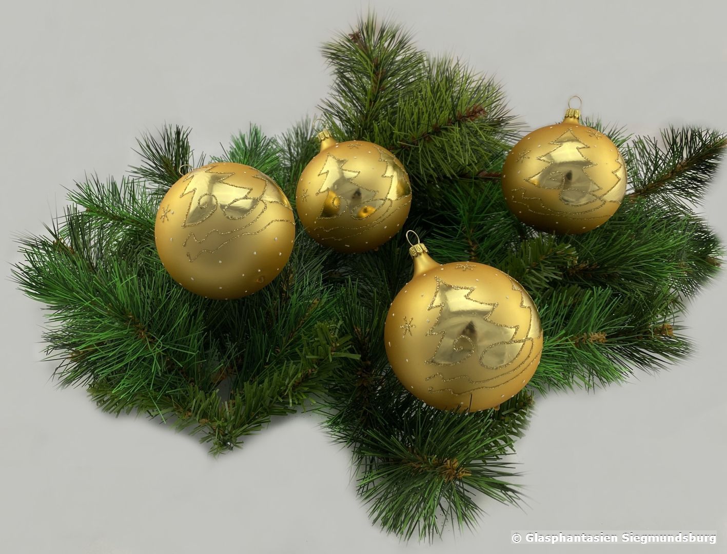 Kugeln 6 cm 5er Set Gelbgold-matt mit glänzenden Bäumen