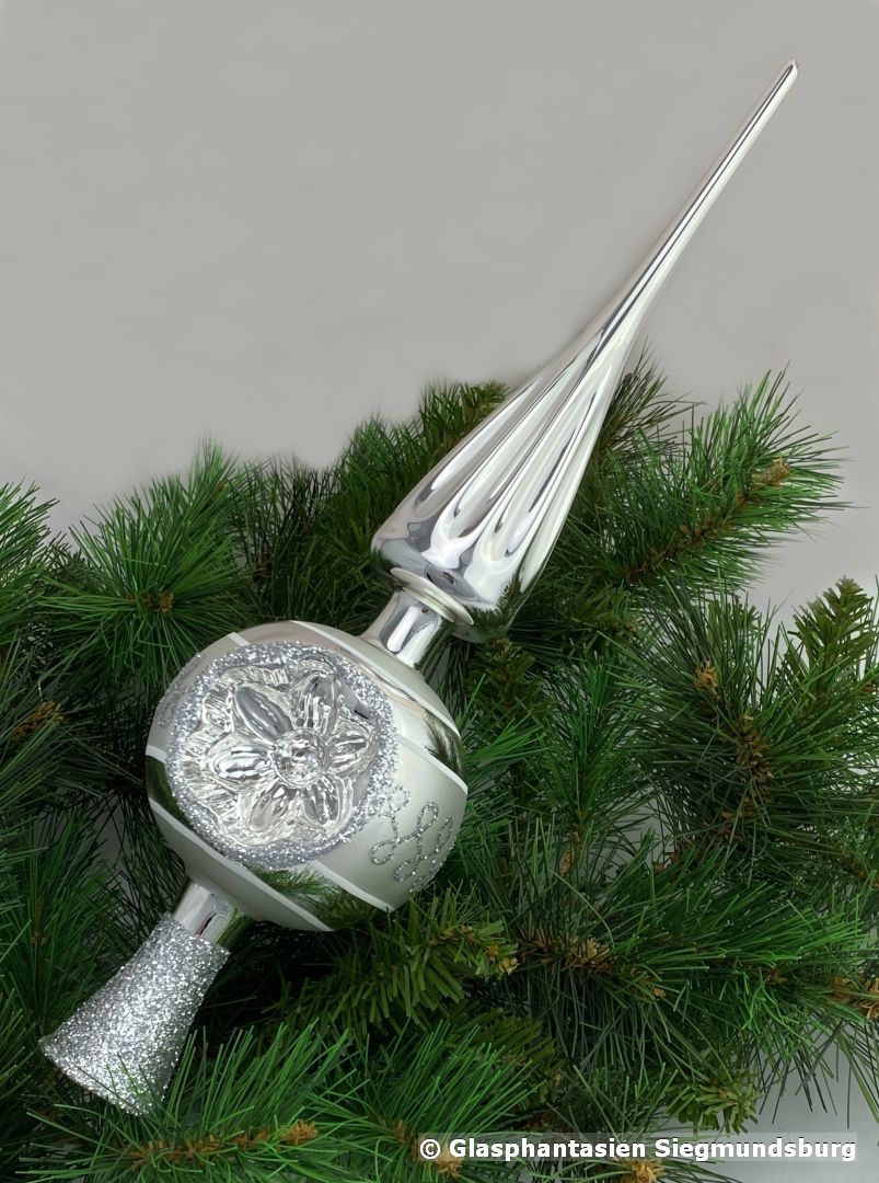 Christbaumspitze Blütenreflex Silber-Weiß Länge 30 cm Kugel-Durchmesser ca. 9 cm Christbaumspitze Blütenreflex Silber-Weiß Länge 30 cm Kugel-Durchmesser ca. 9 cm