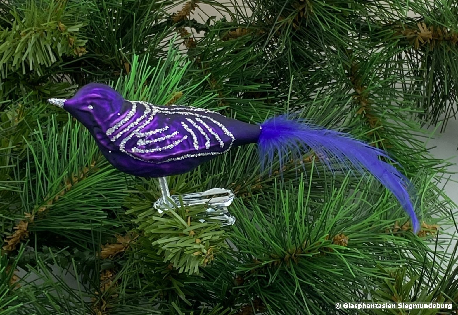 4er Set Glasvogel 13 cm Lila matt-glanz mit Silberglimmer Gruppe besteht aus 4 gleichen Vögeln