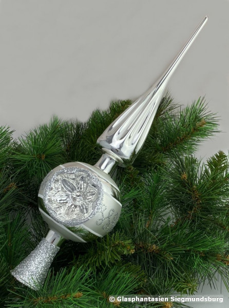 Christbaumspitze Blütenreflex Silber-Weiß Länge 30 cm Kugel-Durchmesser ca. 9 cm