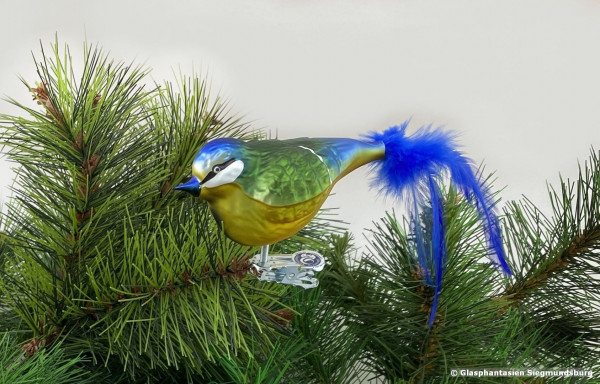 Blaumeise aus Glas, Naturvogel bemalter Christbaum-Schmuck aus Glas