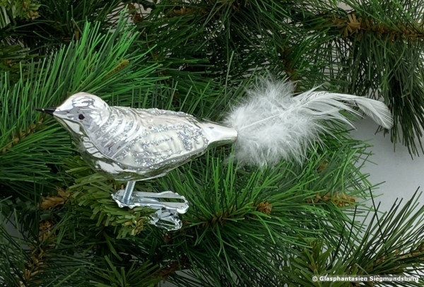Glasvogel 13 cm Silber-weiß mit Silberglimmer 4er Set Gruppe besteht aus 4 gleichen Vögeln